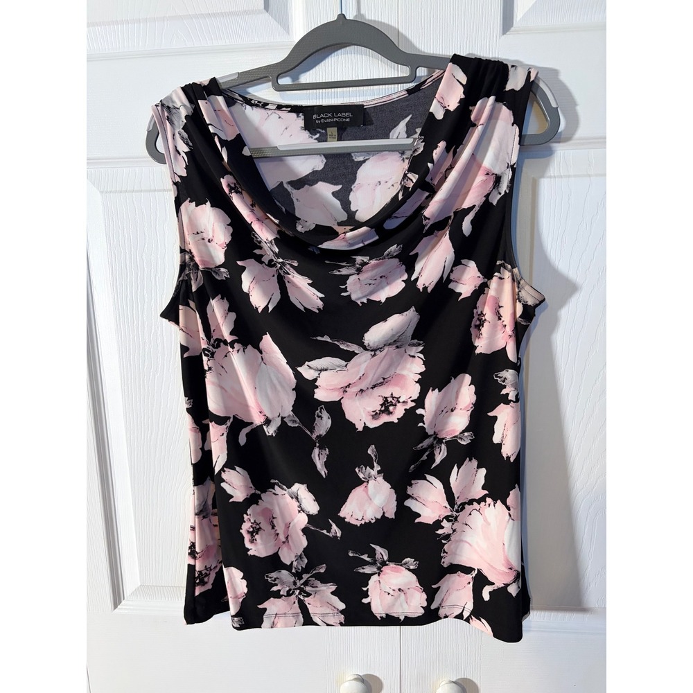 Black Label by Evan-Picone Pink Floral Cowl Neck Sleeveless Blouse Top Large